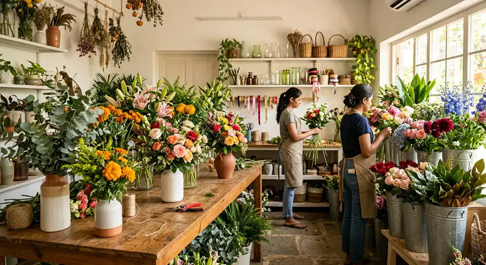 Interior view of Aura Florals studio in Bengaluru featuring fresh seasonal arrangements